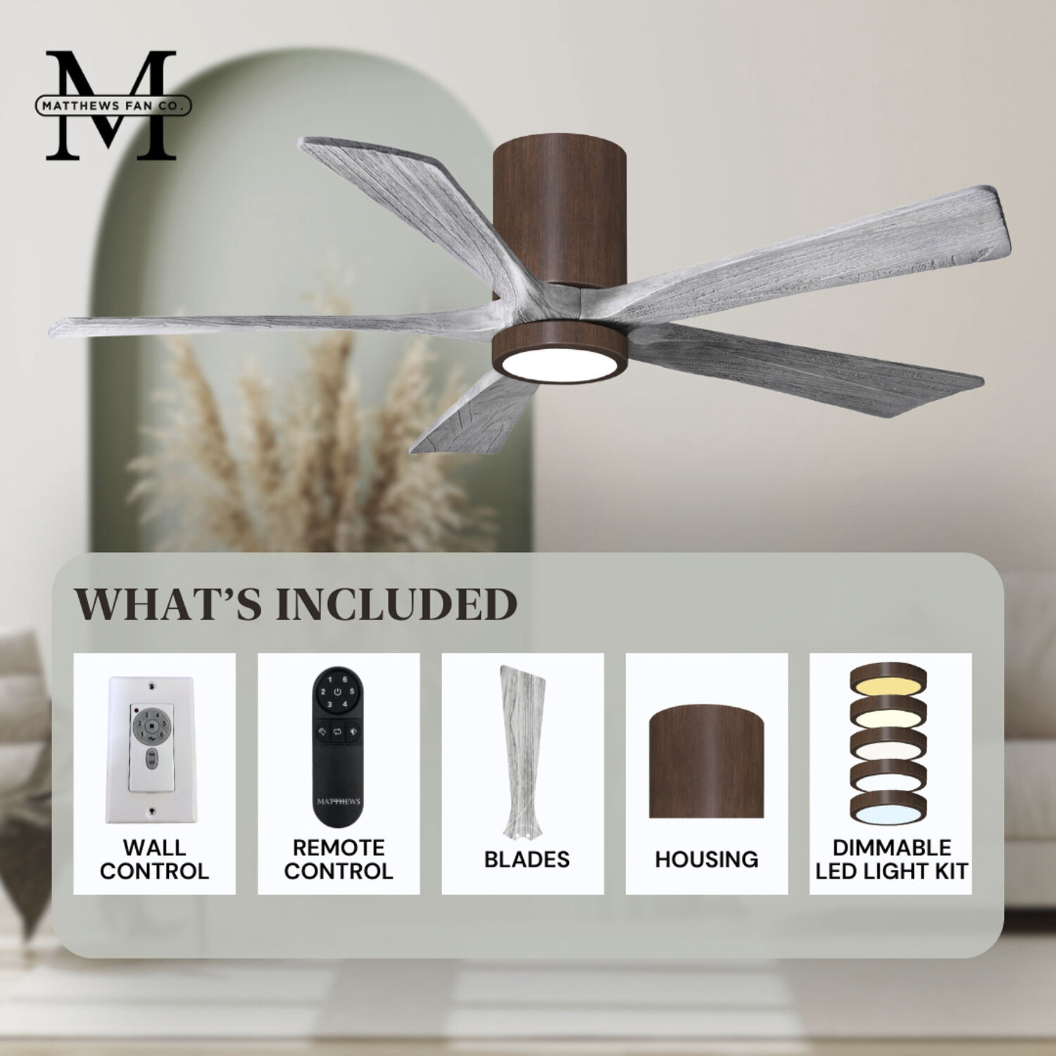 Atlas Irene-5HLK 42 inch Walnut Tone with Barn Wood Tone Blades Flush Mount Paddle Fan, Flush Mounted